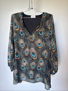 Aura Peacock-Print V-Neck Tunic in Black Teal and Gold Lined Size XL